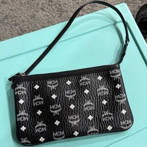 MCM Black Leather Logo Print Wristlet
